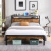 King Size Metal Platform Bed Frame With Wooden Headboard And Footboard With USB Liner, No Box Spring Needed, Large Under Bed Storage - Brown - Image 3