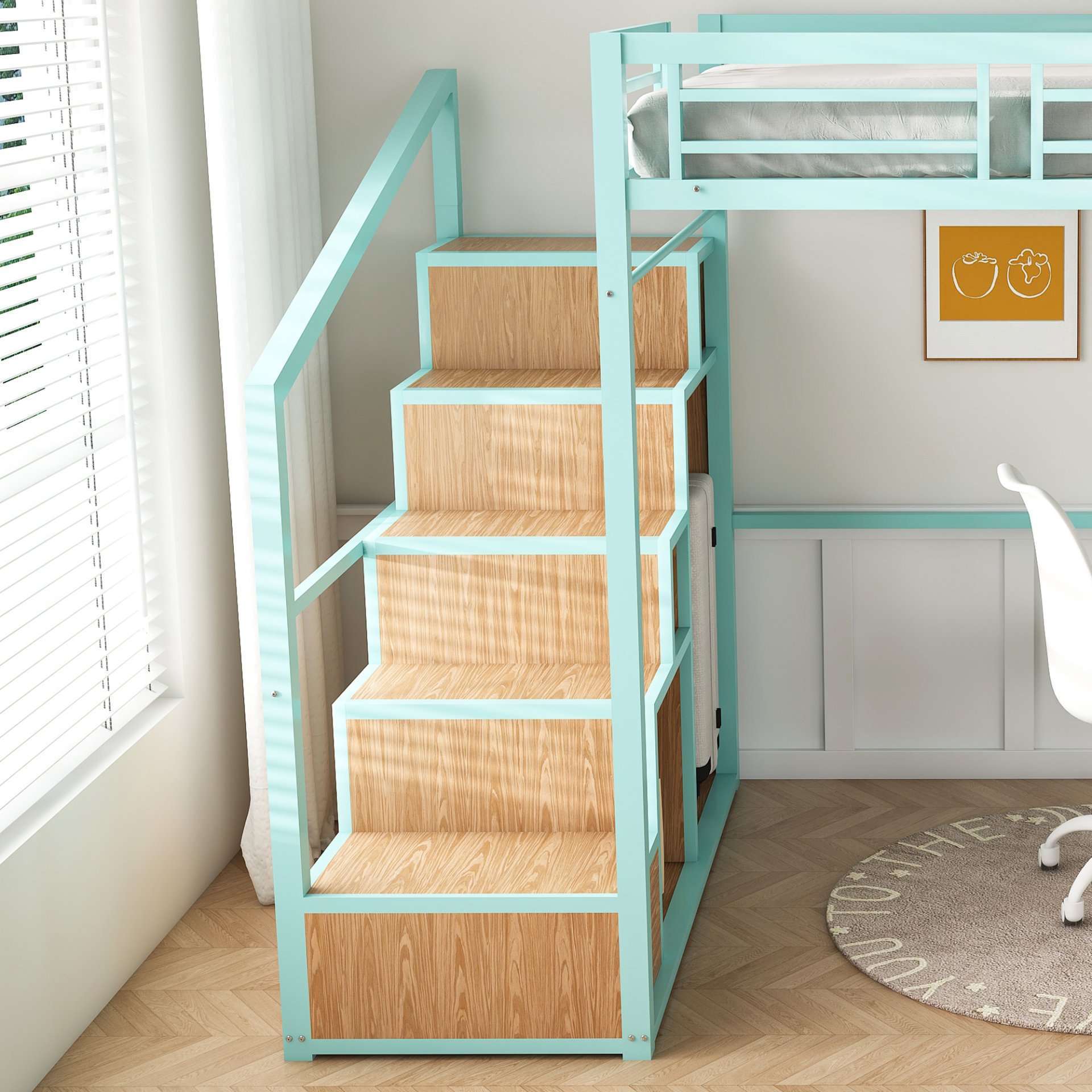 Heavy Metal Frame Full Loft Bed With Desk & Storage, 4 Cabinets, Staircase, Rack Space Saver - Green - Image 5