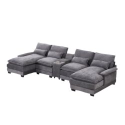 U Shaped Sofa With Console, Cupholders, USB Ports, 6 Seat Upholstered Symmetrical Sleeper Couch - Gray