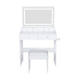 Vanity Desk With Large Mirror, Power Outlet & Hair Dryer Holder, Adjustable Lighting, 5 Drawers - White