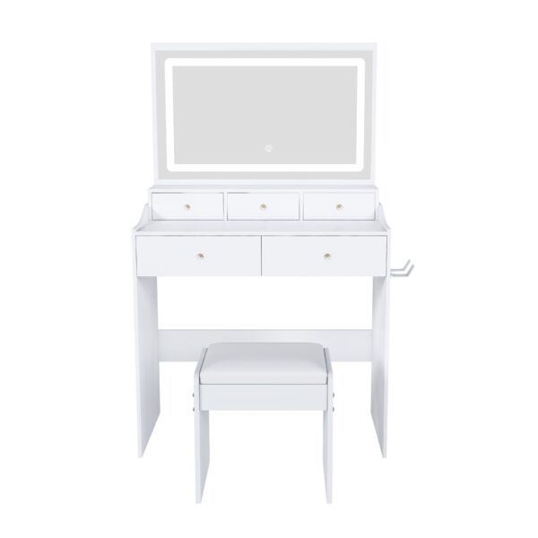 Vanity Desk With Large Mirror, Power Outlet & Hair Dryer Holder, Adjustable Lighting, 5 Drawers - White
