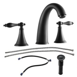 2 Handle Widespread Bathroom Faucet With Pop Up Drain And Water Supply Lines - Matte Black