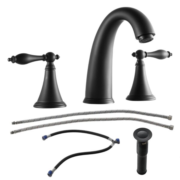 2 Handle Widespread Bathroom Faucet With Pop Up Drain And Water Supply Lines - Matte Black