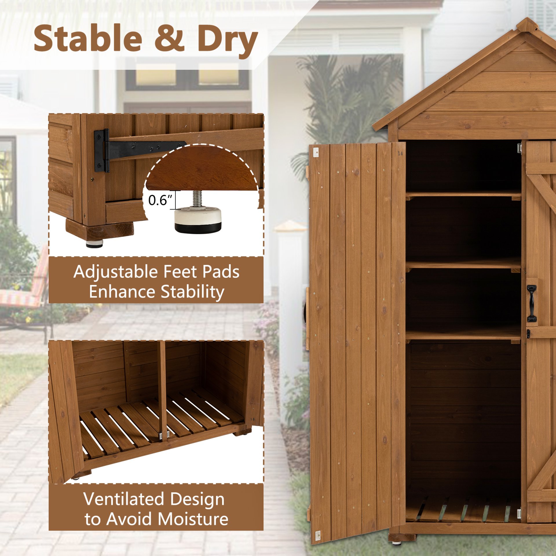 Outdoor Storage Cabinet, Garden Wood Tool Shed, Outside Wooden Shed Closet With Shelves And Latch For Yard - Light Brown - Image 8