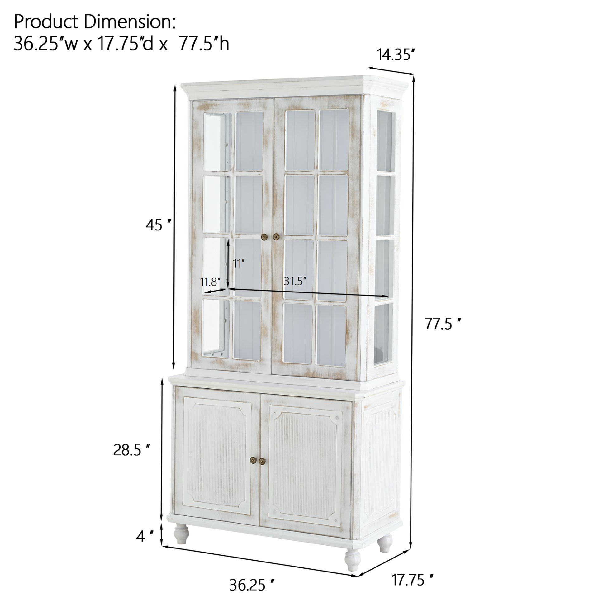 Vintage Display Cabinet With Double Glass Doors, Traditional Style Hutch For Home Or Workspace Washed - White Washed - Image 3