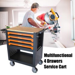 4 Drawers Multifunctional Tool Cart With Wheels And Wooden Top - Orange