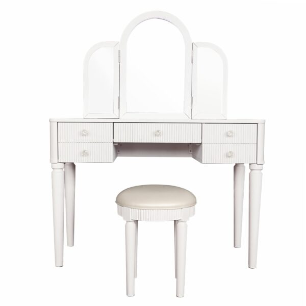 Mirrored Vanity With LED Light, Makeup Vanity Table Set With Adjustable Lighting And Storage - Antique White