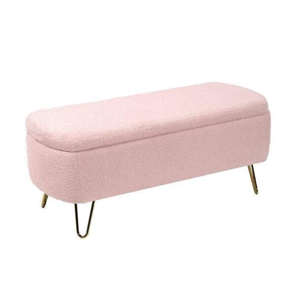 Storage Ottoman Bench For End Of Bed Gold Legs, Modern Gray Faux Fur Entryway Bench Upholstered Padded With Storage For Living Room Bedroom - Pink