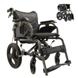 Lightweight Foldable Transport Wheelchair Square Tube Design Double Brakes Adjustable Seat & Armrest Breathable Cushion Anti Backflip 250Lbs Capacity 15" Tires - Black / Gray