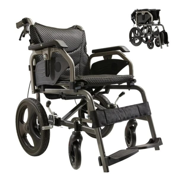 Lightweight Foldable Transport Wheelchair Square Tube Design Double Brakes Adjustable Seat & Armrest Breathable Cushion Anti Backflip 250Lbs Capacity 15" Tires - Black / Gray