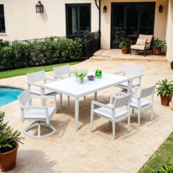 7 Piece Modern Outdoor Patio Dining Set Furniture, 4 Dining Chairs & 2 Swivel Rockers Sunbrella Fabric And 2 Tone Rectangle Table With Umbrella Hole - Matte White / Grayish