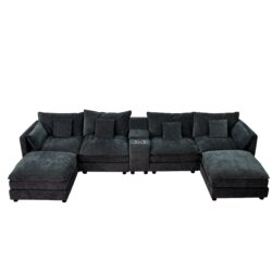 U Shaped Sectional Cloud Couch For Living Room, Fluffy Modular Sofa With Movable Ottoman 6 Seat Sectional Sofa Set With Console, Cup Holders - Black