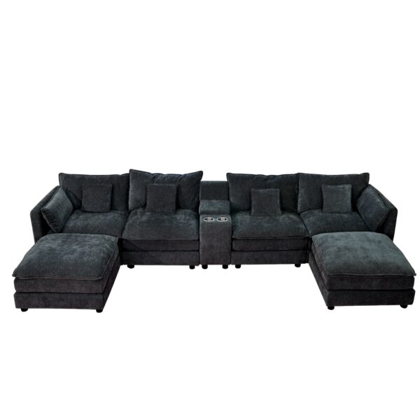 U Shaped Sectional Cloud Couch For Living Room, Fluffy Modular Sofa With Movable Ottoman 6 Seat Sectional Sofa Set With Console, Cup Holders - Black