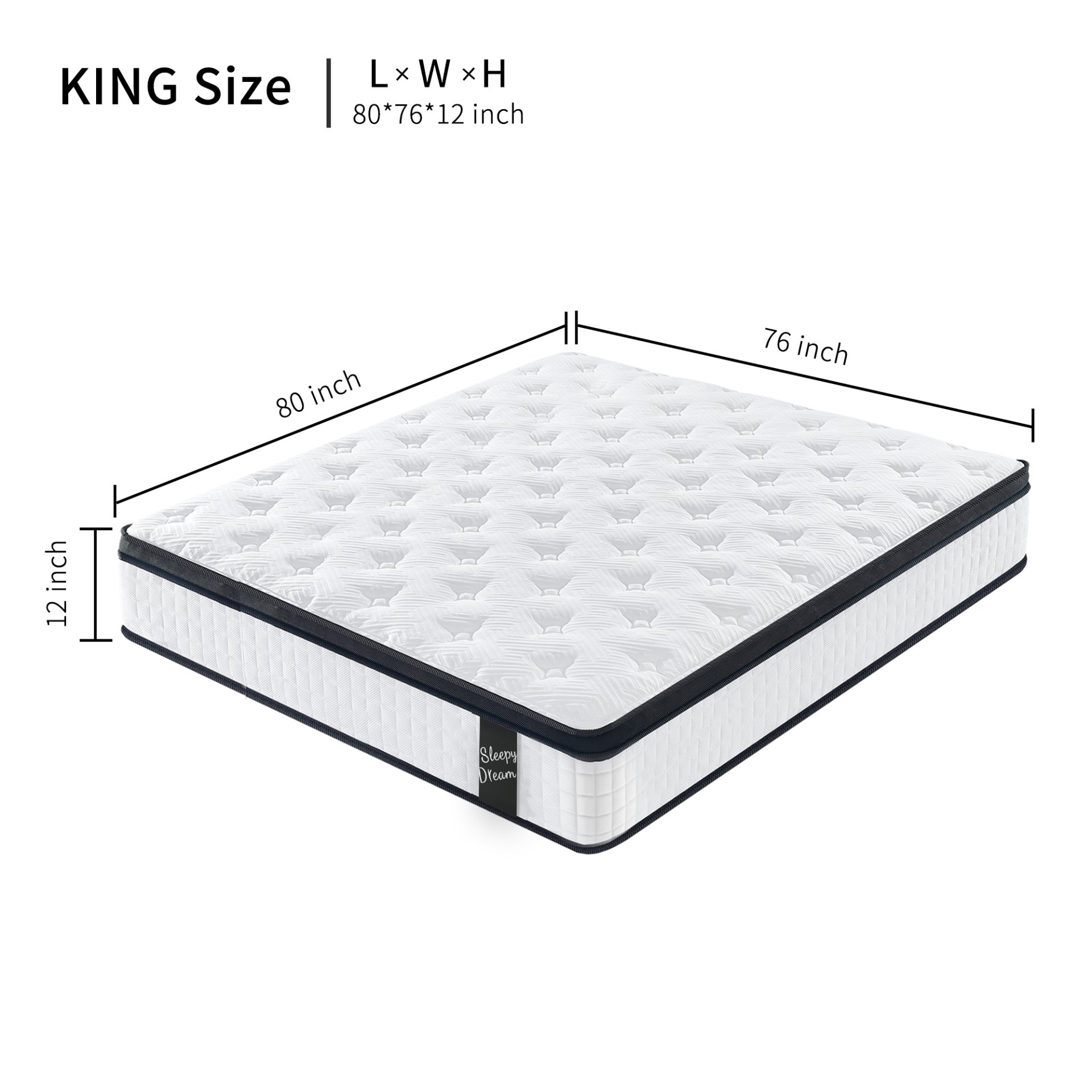 12" King Size Hybrid Mattress Individual Pocket Springs Medium Memory Foam Comfortable Knitted Cover - White / Black - Image 3