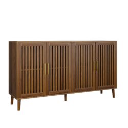 Grille Striped Sideboard Buffet Cabinet With Storage, Multifunctional Accent For Dining Room, Living Room - Walnut