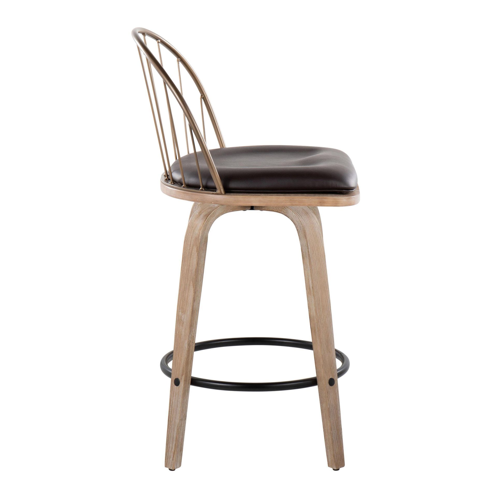 Riley - Farmhouse Fixed Height Counter Stool Round Footrest With Removable Cushion (Set of 2) - White Washed / Antique Copper / Brown - Image 3