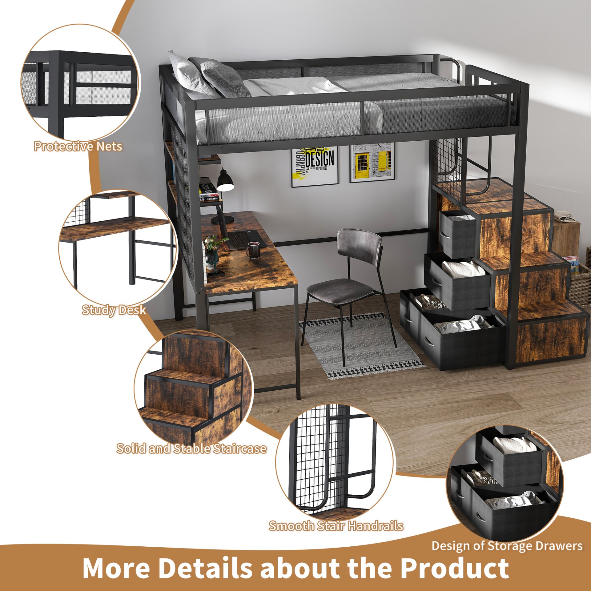 Heavy Duty Full Loft Bed With Desk & USB Charging Metal Frame With Storage Drawers And Staircase - Black - Image 9