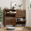 Medieval - Modern Shoe Cabinet With 2 Flip Drawers And Fence Design - Walnut - Image 5