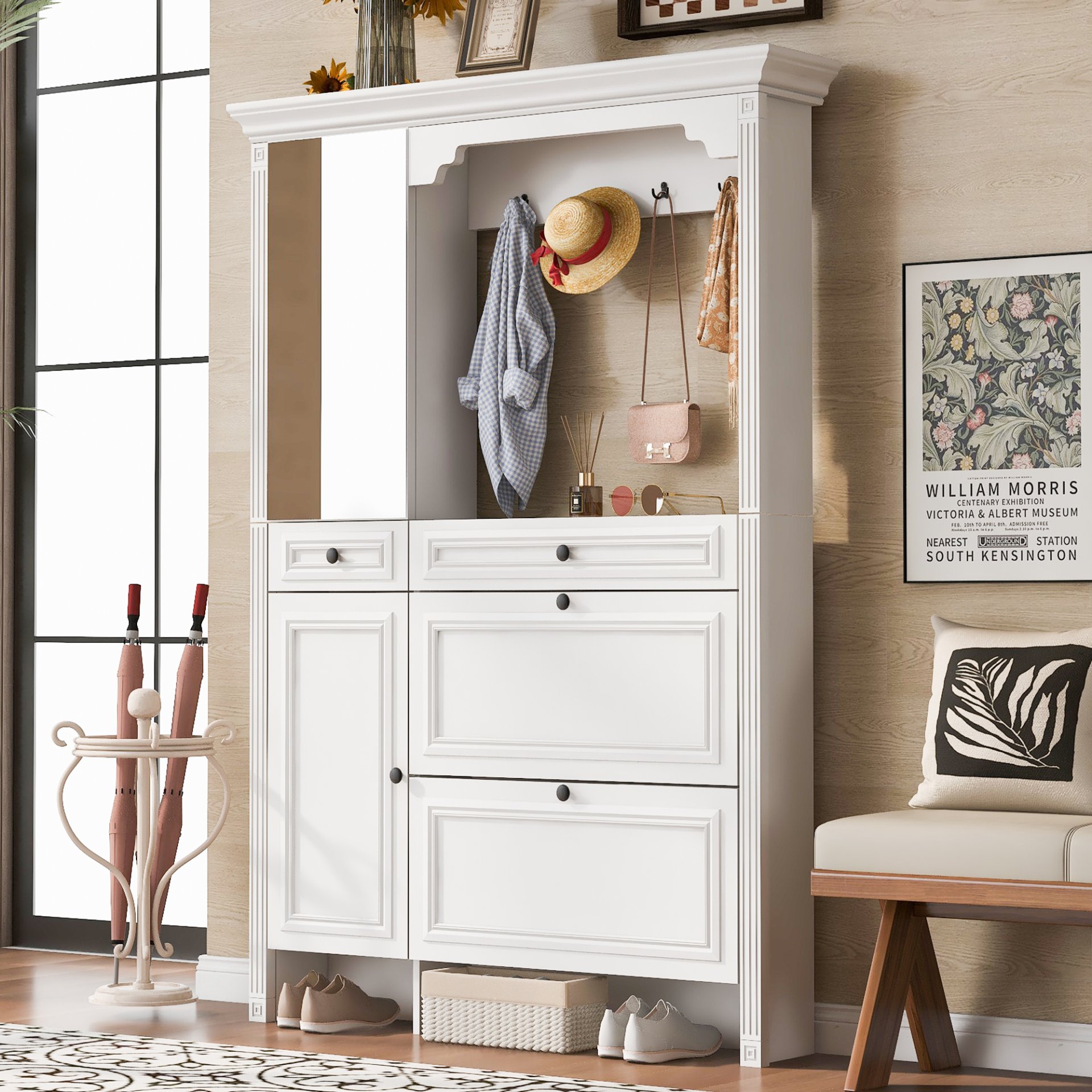 Hall Tree With Integrated Shoe Cabinet And Mirrored Cabinet Door, Coat Hanger, Entryway Bench, 4 In 1 Design, 2 Flip Drawers, 4 Hooks And 2 Cabinets For Entrance, Living Room - White - Image 2
