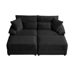 Double Chaise Lounge Set With Reversible Ottoman Soft Corduroy Fabric, Storage Ottomans, USB Port - Black
