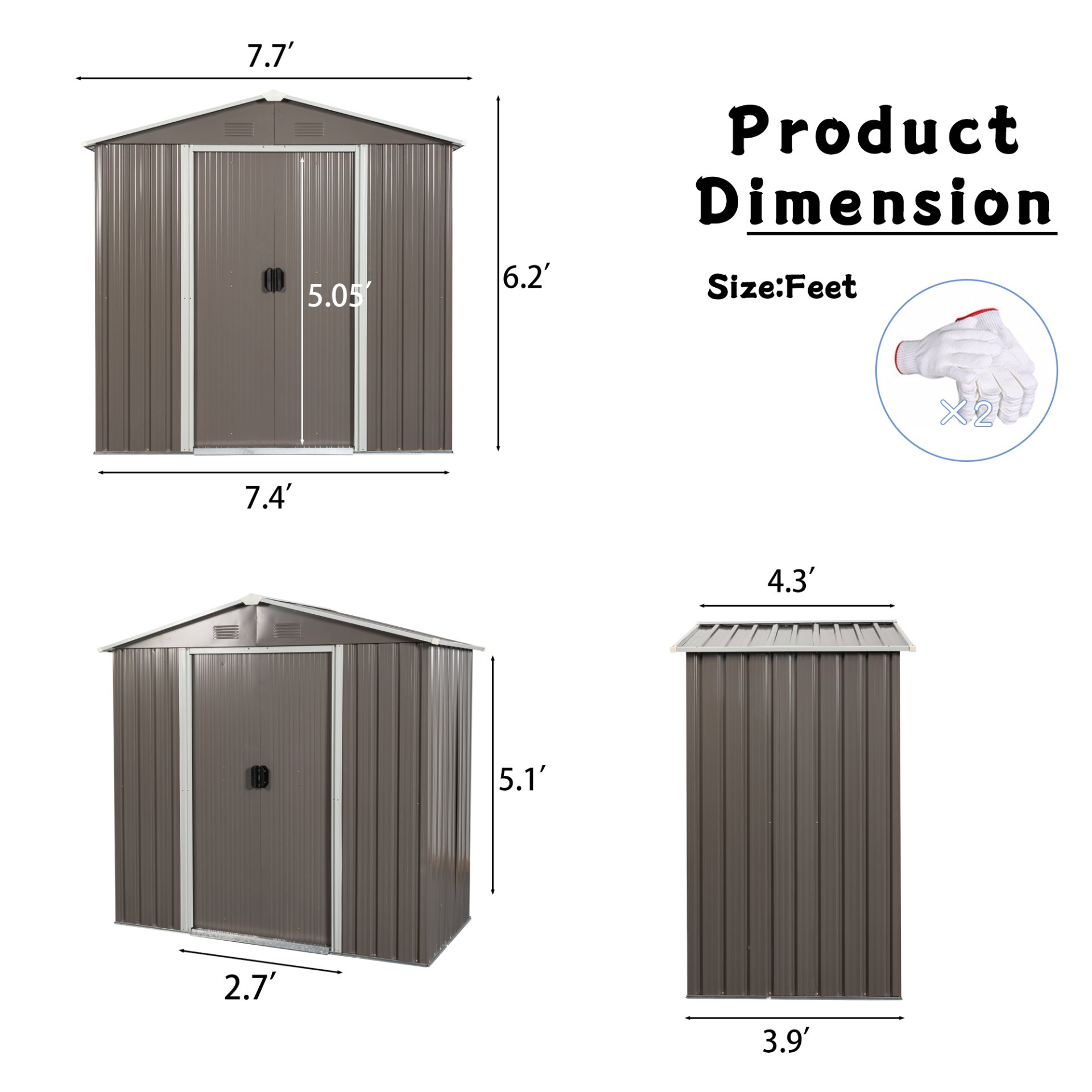 8Ft x 4Ft Outdoor Metal Storage Shed - Gray - Image 9