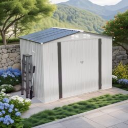Metal Outdoor Storage Shed 8 X 6 Ft With Pitched Roof And Side Window - White / Gray