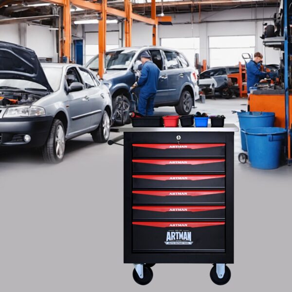 6 Drawer Multifunctional Tool Cart With Wheels, Metal Rolling Tool Cart Storage For Garage Workshop Warehouse Repair Shop With Stainless Steel Roof - Black / Red