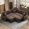L-Shape Sofa Bed Pull-Out Sleeper Sofa With Wheels, USB Ports, Power Sockets For Living Room - Brown - Image 4