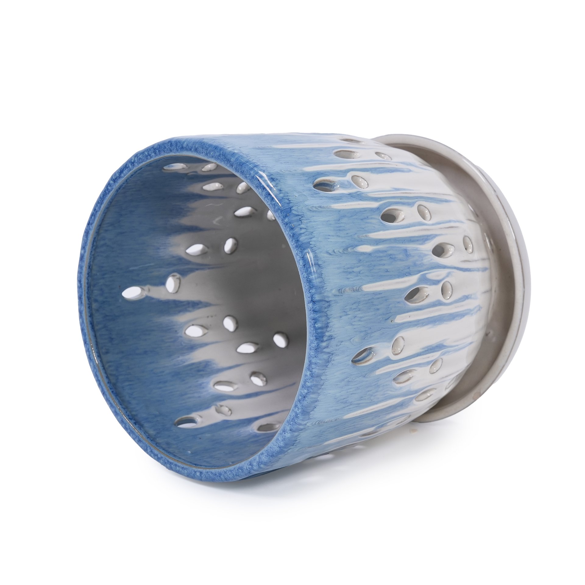 Ceramic Flowerpot With Drainage Hole, 8" Planter For Patio, Garden, Windowsill (Set of 2) - White / Blue - Image 11