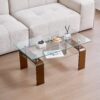 Modern Tempered Glass Coffee Table With 2 Tier Storage And Brown Legs For Living Room - Transparent - Image 5