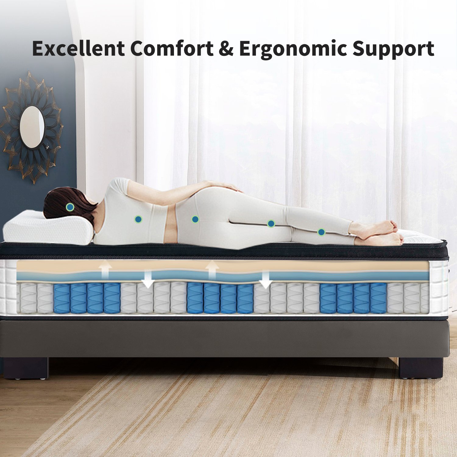 12" King Size Hybrid Mattress Individual Pocket Springs Medium Memory Foam Comfortable Knitted Cover - White / Black - Image 7