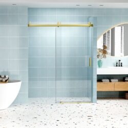 Frameless Soft Closing Single Sliding Shower Door, 1 / 4" (6Mm) Tempered Glass With Explosion Proof Coating Via Express Delivery - Gold
