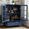 Vintage Buffet Cabinet With Double Glass Doors And Drawer, Storage Sideboard - Blue - Image 21