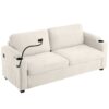 Corduroy Sleeper Sofa Loveseat Sofa With Full Size Mattress, 2 USB Ports, 2 Cup Holders, 2 Side Pockets And A Phone Holder For Living Room - Beige - Image 11