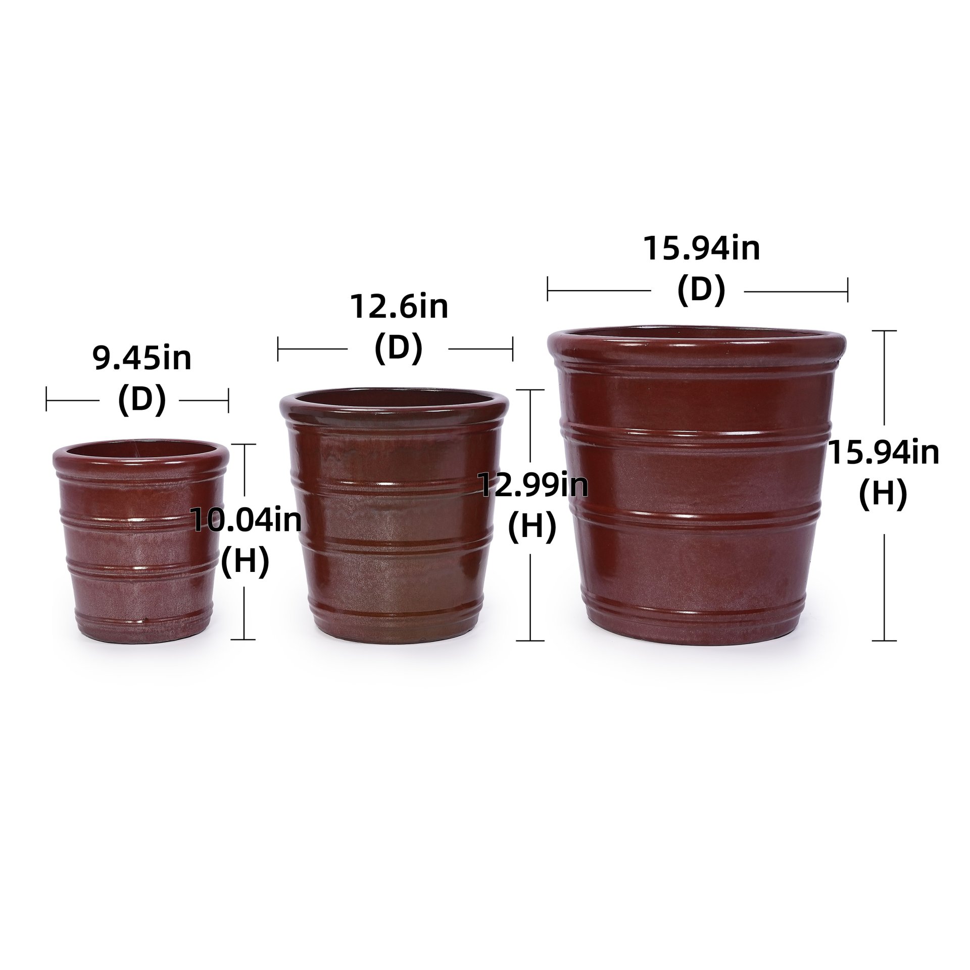 3 Pieces Ceramic Flowerpot, Planter For Patio, Garden Or Windowsills - Bean Paste Red - Image 3