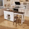 Modern Kitchen Island With Extendable Dining Table & Power Outlet - White - Image 2