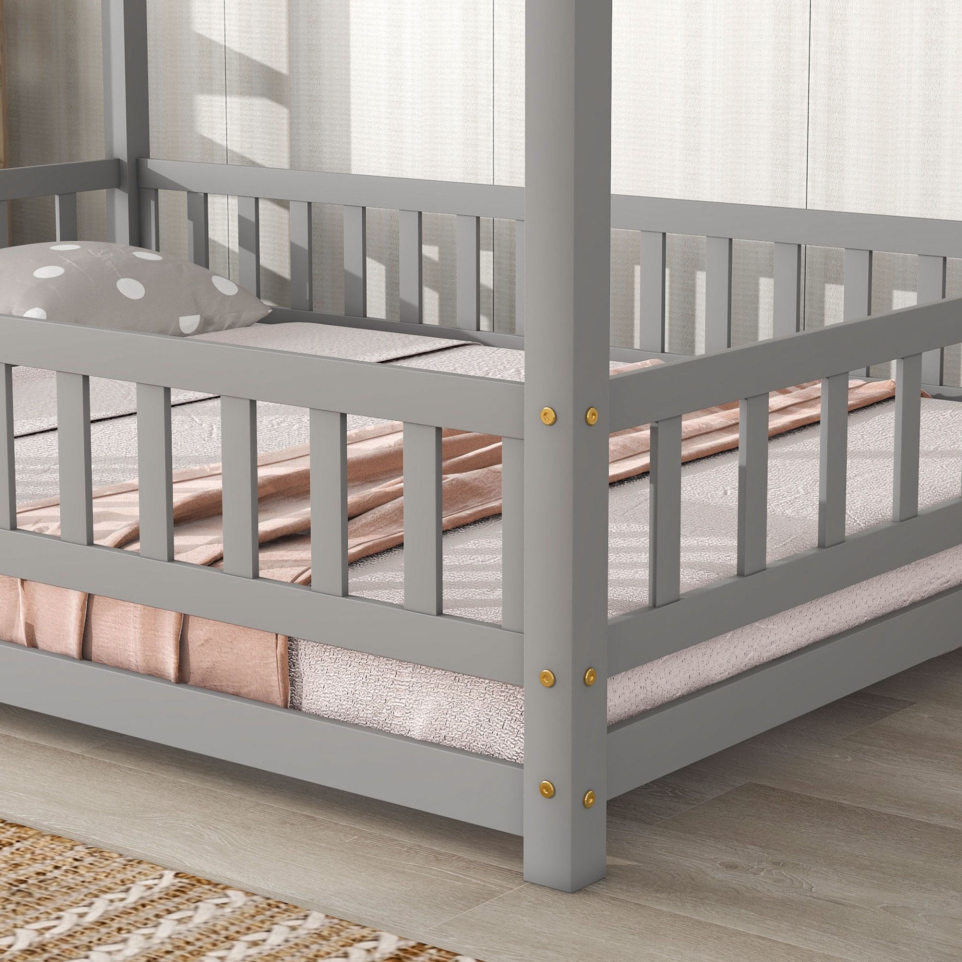 Full Size Floor Wooden Bed With House Roof Frame, Fence Guardrails - Gray - Image 7