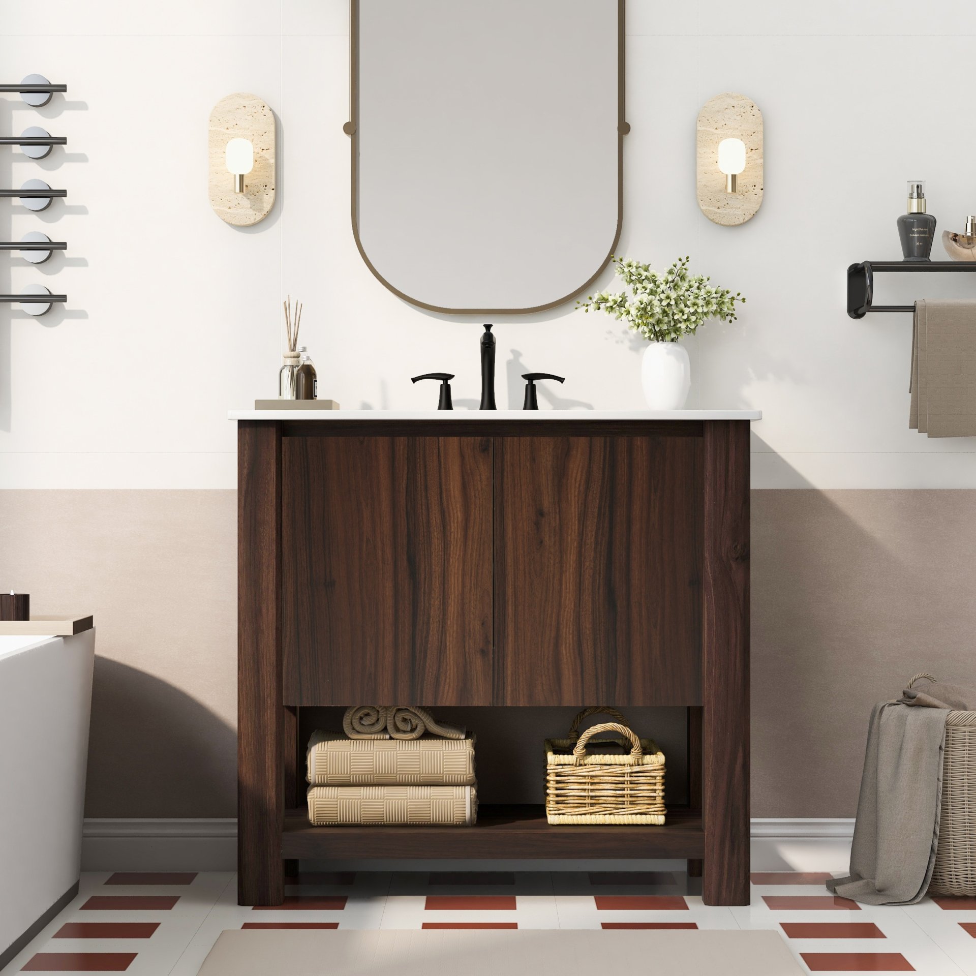 36" Modern Bathroom Vanity With Rectangle Ceramic Sink, Bathroom Cabinet And 45 Degrees Free Handle Design Soft Closing Doors, 1 Open Shelf At The Bottom - Dark Brown - Image 2