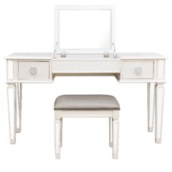 Elegant Mirrored Vanity Desk Set With Drawers And Flip Up Mirror, Silver Finish, Glass And Wood - White