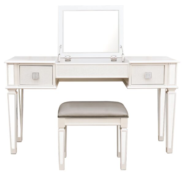Elegant Mirrored Vanity Desk Set With Drawers And Flip Up Mirror, Silver Finish, Glass And Wood - White
