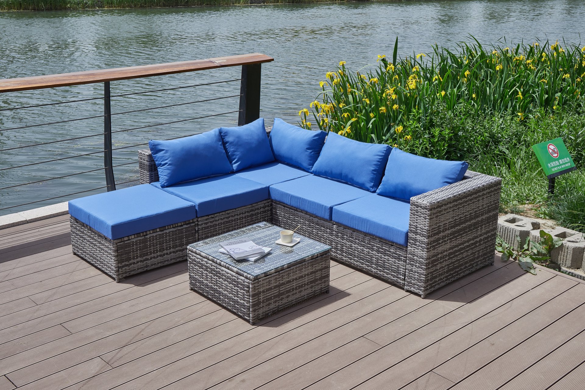 Luxurious Comfort Patio Sofa With Cushions - Blue / Gray - Image 13