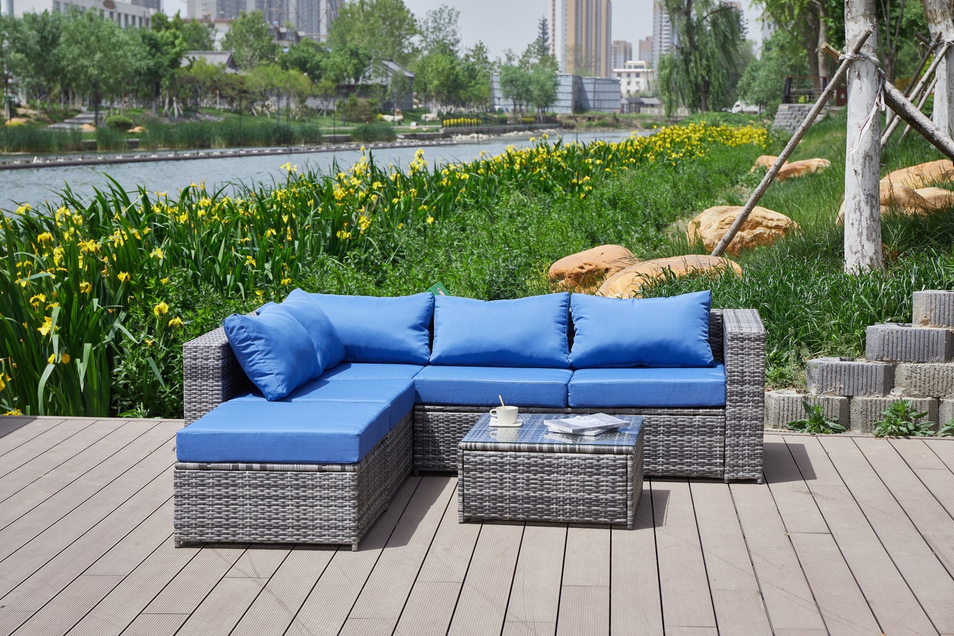Luxurious Comfort Patio Sofa With Cushions - Blue / Gray - Image 3