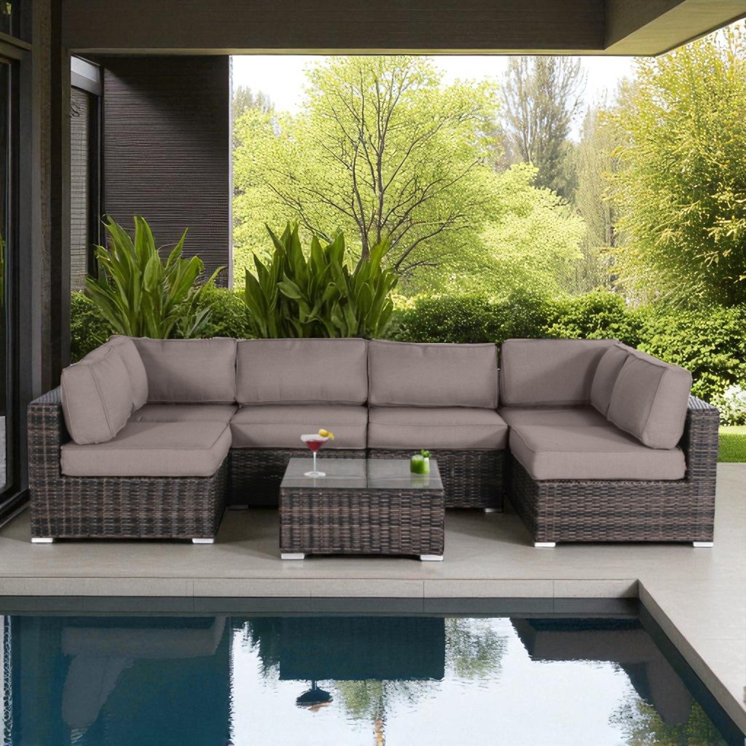 Outdoor Conversation Set For 4 With Cushions, Weather Resistant Wicker, Glass Table - Brown - Image 6
