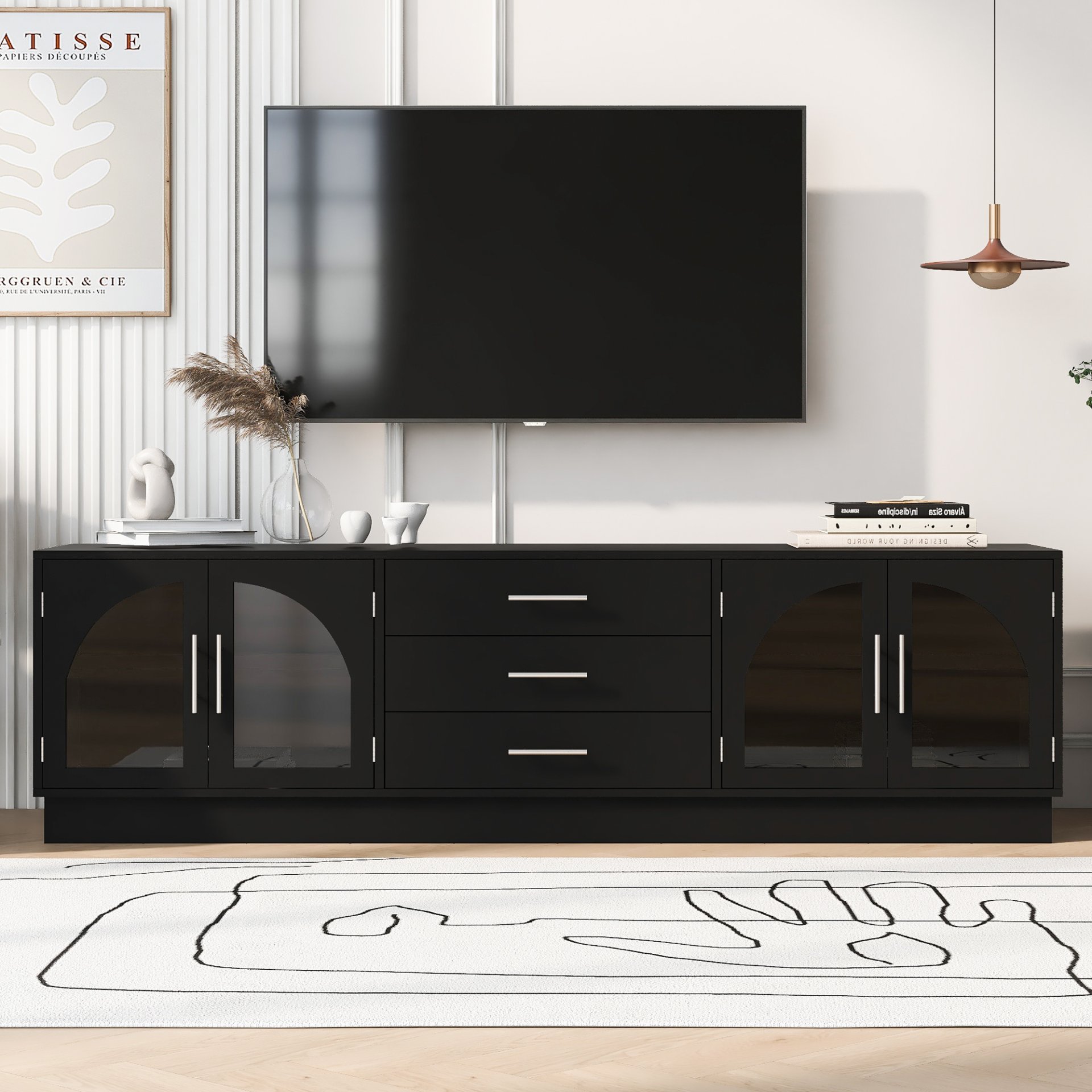 Modern Minimalist TV Stand For TVs Up To 75", Entertainment Center Media Console Cabinet With Adjustable Shelves - Black - Image 4