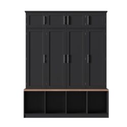 Farmhouse Hall Tree With 4 Hidden Hanging Hooks, Versatile Seating Bench With 8 Doors, Entryway Shoe Cabinet With Open Compartments For Living Room - Black