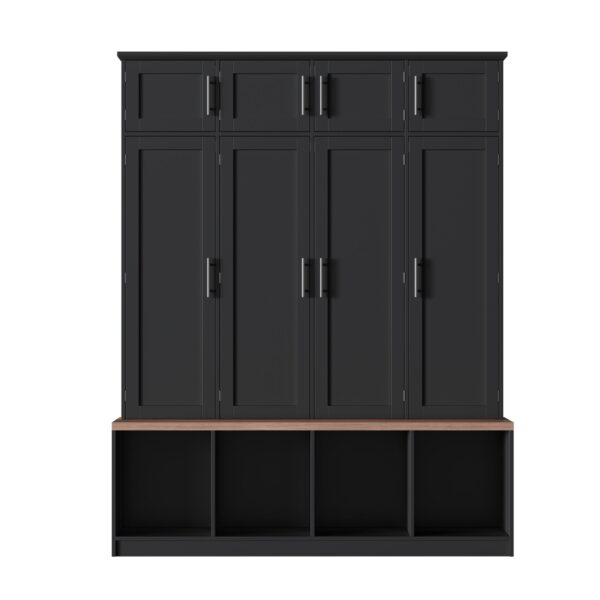Farmhouse Hall Tree With 4 Hidden Hanging Hooks, Versatile Seating Bench With 8 Doors, Entryway Shoe Cabinet With Open Compartments For Living Room - Black