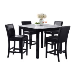 Contemporary 5 Piece Counter Height Dining Set With Square Faux Marble Table And Upholstered Chairs - Black / White