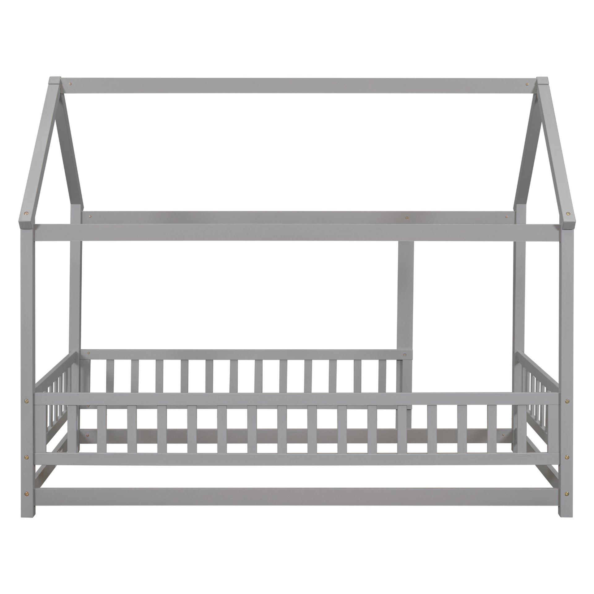 Twin Size Floor Wooden Bed With House Roof Frame, Fence Guardrails - Gray - Image 8