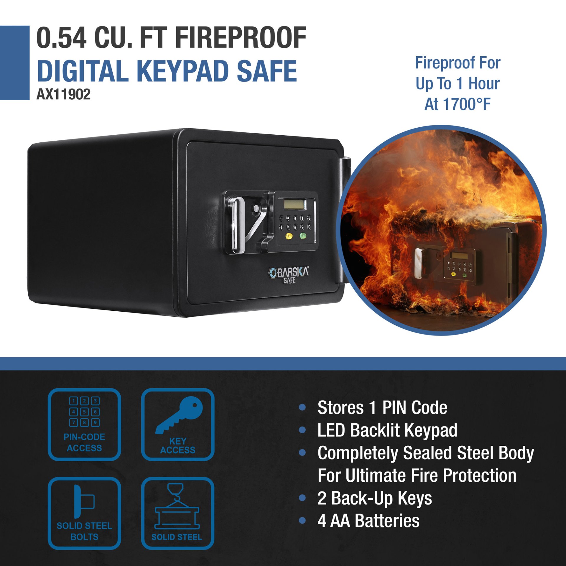 0.54 Cubic Ft Keypad Fireproof Security Safe - Black - Image 7