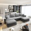 Plush Corduroy 4 Seat Sofa, Modern Comfy Upholstered Sofa Cloud Couch, Deep Seat Couches With Soft Pillows And 2 Ottomans, Convertible Sofa Lounge Chair, For Living Room, Apartment, Office - Gray - Image 2